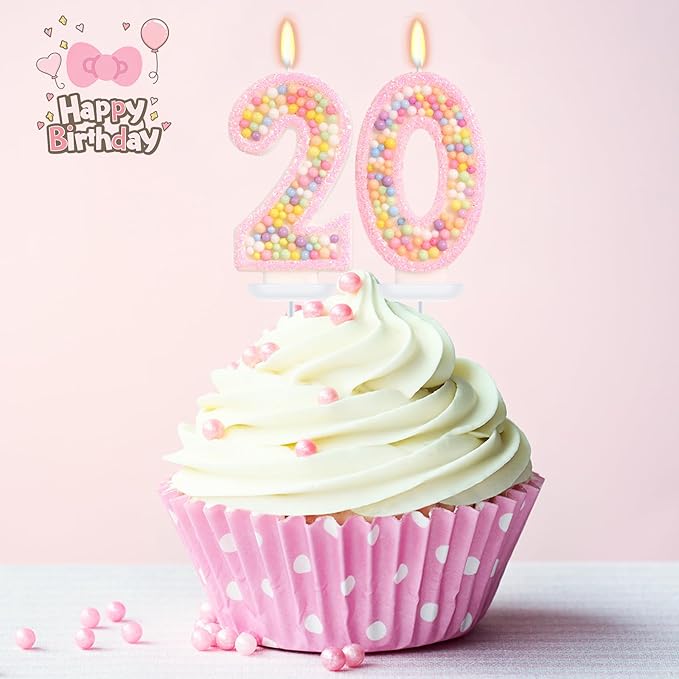 Birthday Candles - Number 20 Candle, Colorful Macaron Candles, 20 Birthday Decorations for Girls, Cake Decorations, Sweet Theme Party Supplies (Pink)