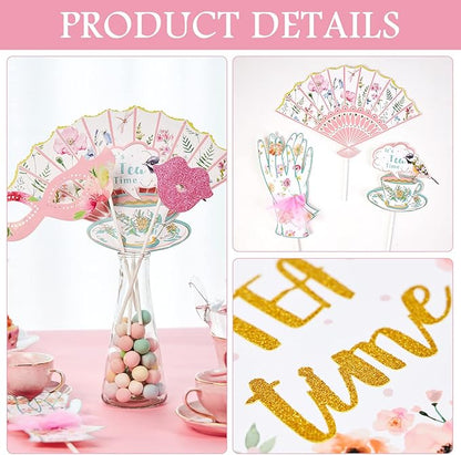 SUNBEAUTY 14 Pcs Tea Party Photo Booth Props Tea Party Decorations Alice in Wonderland Party Supplies Garden Party Bridal Shower for Girls Women