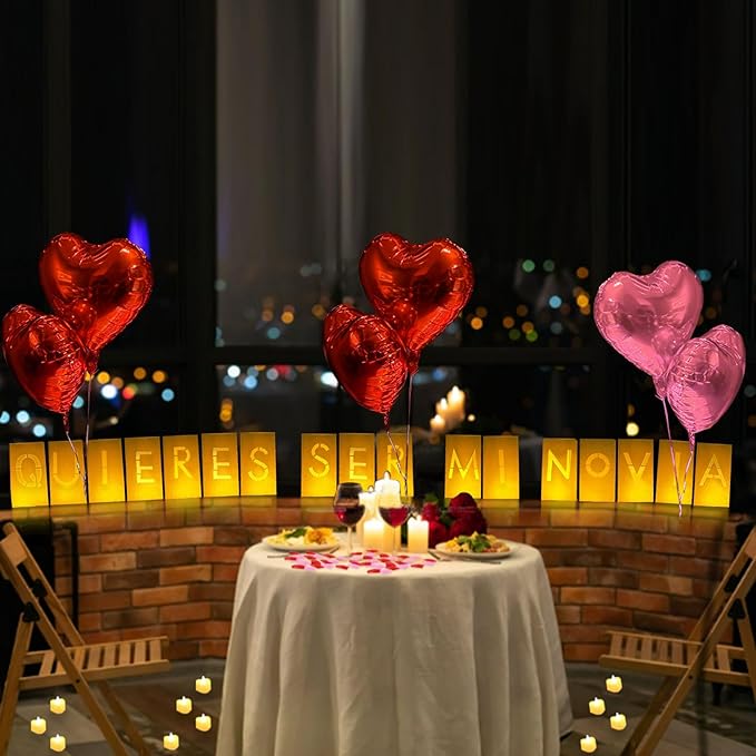 Quieres Ser Mi Novia Lighted Letters Sign 17pcs Luminary Paper Bags 2200pcs Red Pink Artificial Rose Petals 48pcs Flameless LED Candle Tealight 15pcs Heart Balloons Romantic Night Valentine's Day