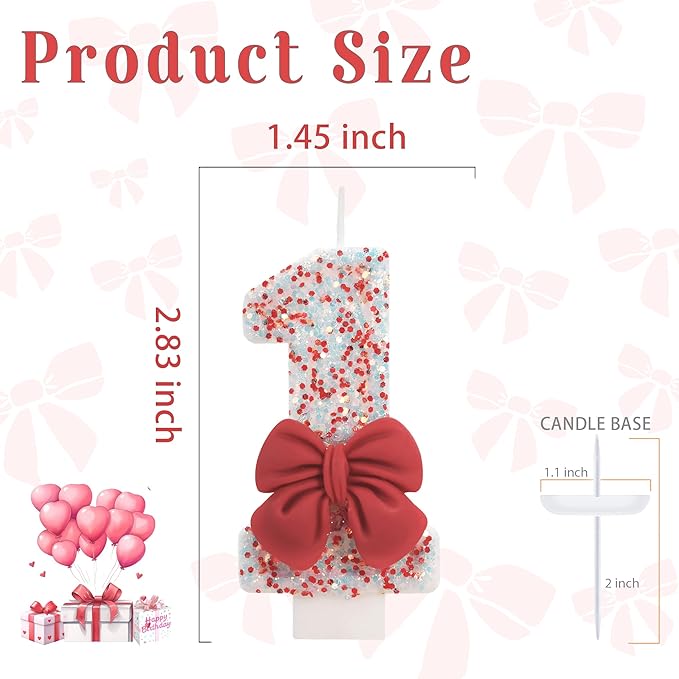 Birthday Candle for Cake, Red Bow Number Candles, 2.76 inch Cake Topper Decoration for Birthday Party (Number 1)