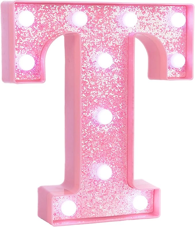 Pink LED Marquee Light Up Letters, Glitter Alphabet Letter Lights for Birthday Party Decorations, Battery Operated Letter Signs for Girls Room Table Decor, Pink letter T with Cool White Lights