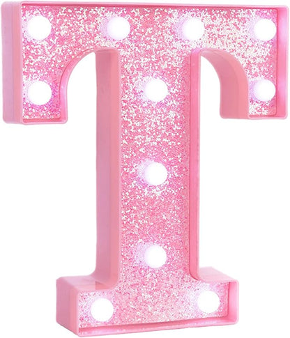 Pink LED Marquee Light Up Letters, Glitter Alphabet Letter Lights for Birthday Party Decorations, Battery Operated Letter Signs for Girls Room Table Decor, Pink letter T with Cool White Lights