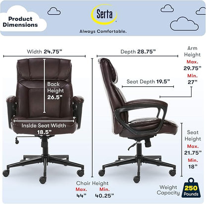 Serta® Hannah Executive Home Office Desk Chair, Ergonomic Mid-Back with Lumbar Support, Firm Seat Cushion, Layered Body Pillows, Padded Armrests, Swivel Base, Easy Assembly, Bonded Leather, Brown