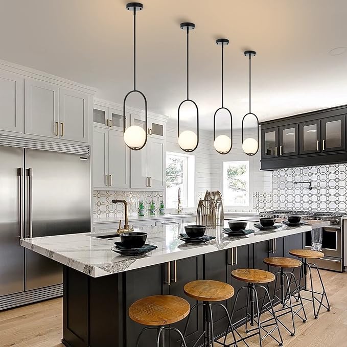 Modern Globe Pendant Light Mid Century Chandelier 1-Light Matte Black Ceiling Hanging Lighting Fixture with White Globe Glass Shade for Kitchen Island Dining Room Bedroom