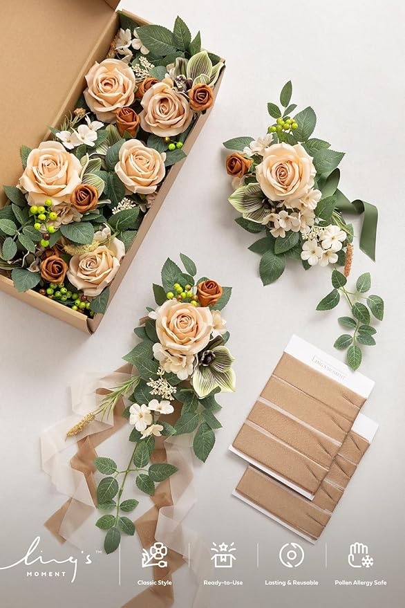 Ling's moment 8 Wedding Artificial Aisle Pew Flowers Chair Decorations Arrangements with Chiffon Ribbons Apricot Sage for Ceremony Reception Chair Back Floral Decor Reception Church Party Outdoor
