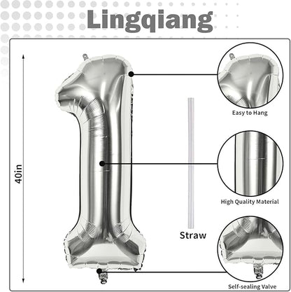Silver 1 Balloon Number, 40 Inch Giant Helium Foil Number 0-9 for Boys Girls, Self Inflating 1st Birthday Balloon for Women Men 10th Anniversary Baby Shower New Year Wedding Party Decorations Supplies