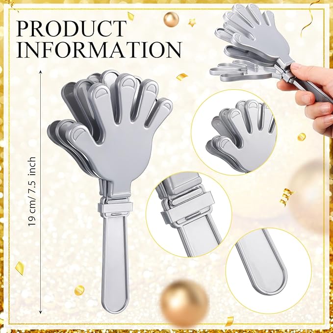 48 Pack Party Noisemakers New Years Eve Party Supplies Include 24 7.5 Inch Large Hand Clappers 24 Blowers Whistle for Aldult Birthday 2025 New Years Eve Favor(Silver)