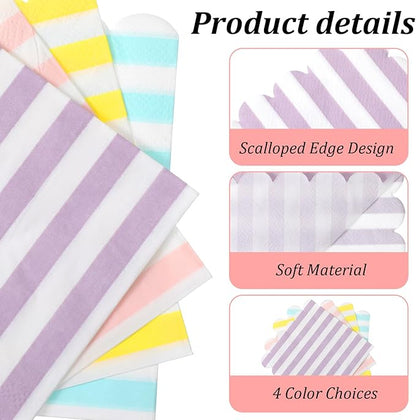 200 Pack Scalloped Pastel Napkins Mixed Stripe Ice Cream 5 x 5 Inch Disposable Paper Cocktail Beverage Napkins for Pastel Summer Party Shower Birthday Dinner Decor Supplies Favor (4 Colors)