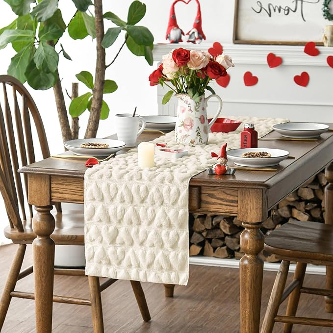 Artoid Mode Beige Soft Plush Faux Fur Jacquard Heart Valentine's Day Table Runner, Seasonal Kitchen Dining Table Decoration for Home Party Decor 13x72 Inch