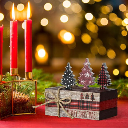 Smile Christmas Wooden Books Stack,Red and Black Check Faux Books Bundle, Trees Tiered Tray Decorations, for Home Table Mantle Shelf.