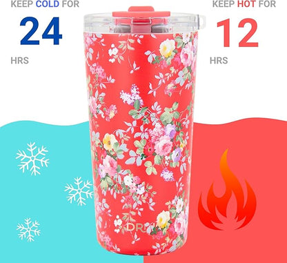 Drinco - 20 oz Stainless Steel Tumbler | Double Walled Vacuum Insulated Mug With Lid, 2 Straws, For Hot & Cold Drinks (20oz Peony Floral)