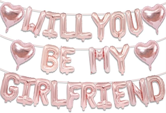 16 Inch Rose Gold Will You Be My Girlfriend Balloons-16 Inch Foil Letters Balloon Rose Gold Heart Balloon Valentines Day Balloons for Wedding Engagements Proposals Party Decorations