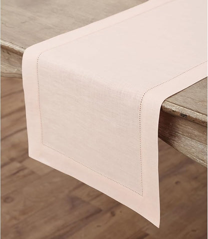 Solino Home Linen Pink Table Runner 60 Inches - Classic Hemstitch, 100% Pure Linen Coffee Table Runner 14 x 60 Inch Ideal for Dresser Tables