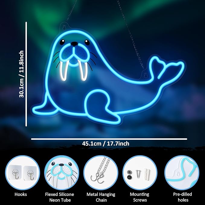 Walrus Neon Sign, Dimmable Wall Decor Light. Birthday Party Decorations for Home, Patio, Garden, Bars, Restaurants, Hotels, Stores, Clubs, Gift for Friends Family and Kids