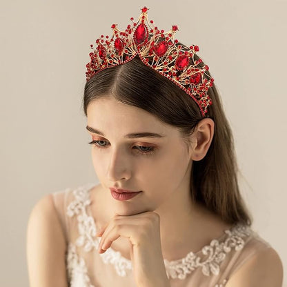 COCIDE Gold Queen Crown for Women Baroque Princess Red Tiara for Girls Crystal Pearl Mermaid Rhinestones Hair Accessories for Bride Birthday Party Bridesmaids Halloween Costume Cosplay