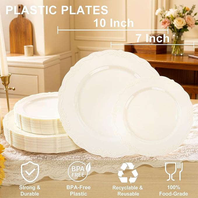 U-QE 100 Pieces Ivory Thanksgiving Plastic Plates for Party - Ivory Disposable Plastic Plates - Heavy Duty Disposable Platos Including 50 Dinner 10 '' & 50 Dessert 7.5 '' for Thanksgiving