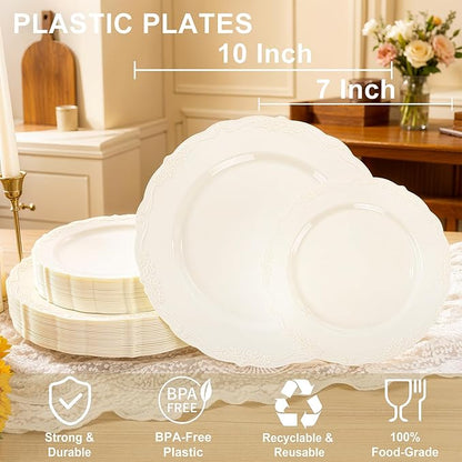 U-QE 100 Pieces Ivory Thanksgiving Plastic Plates for Party - Ivory Disposable Plastic Plates - Heavy Duty Disposable Platos Including 50 Dinner 10 '' & 50 Dessert 7.5 '' for Thanksgiving