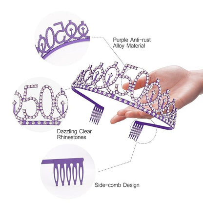 Purple 50th Birthday Gifts for Women, 50th Purple Birthday Decorations Women, 50th Birthday Sash, 50th Birthday Tiara, 50th Birthday Crown, Purple Crowns for Women, 50th Birthday Sash and Tiara for Women, Happy 50th Birthday Party Favors Cake Topper