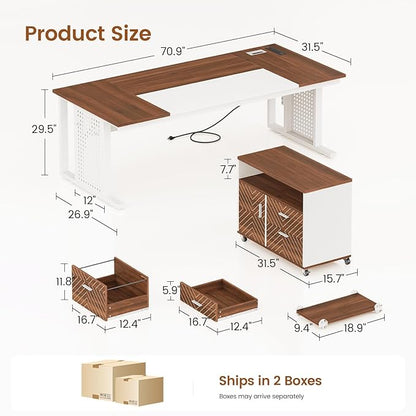 SEDETA 71" Executive Desk with Rolling File Cabinet, Large Office Desk with Drawers, L Shaped Computer Desk with Power Outlets, CPU Stand, Pegboard and Storage Shelves, White