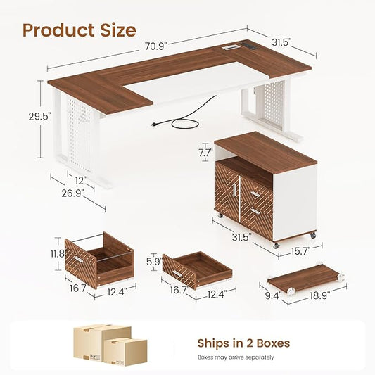 SEDETA 71" Executive Desk with Rolling File Cabinet, Large Office Desk with Drawers, L Shaped Computer Desk with Power Outlets, CPU Stand, Pegboard and Storage Shelves, White