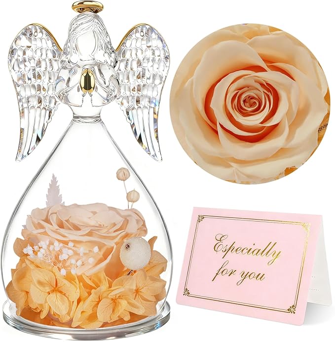Yamonic Angel Figurine with Preserved Rose, Champagne, Gifts for Mom Grandma, Mothers Day, Christmas, Anniversary, Birthday
