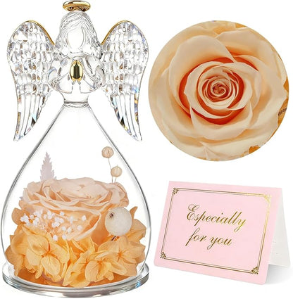 Yamonic Angel Figurine with Preserved Rose, Champagne, Gifts for Mom Grandma, Mothers Day, Christmas, Anniversary, Birthday