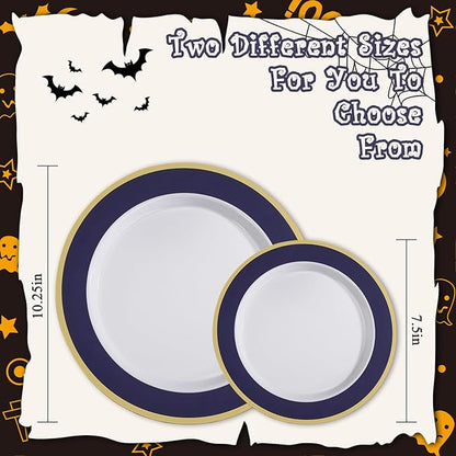 100PCS Halloween Plastic Plates Disposable Heavy Duty Include 50PCS 10.25inch Dinner Plates and 50PCS 7.5inch Dessert Plates Dinnerware for Halloween Party Wedding New Year,Dark Blue