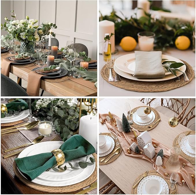 13 in Round Woven Placemats Set of 4 Chargers for Dinner Plates Farmhouse Rustic Boho Table Mats for Dining Table Decor Wicker Straw Braided Place Mats