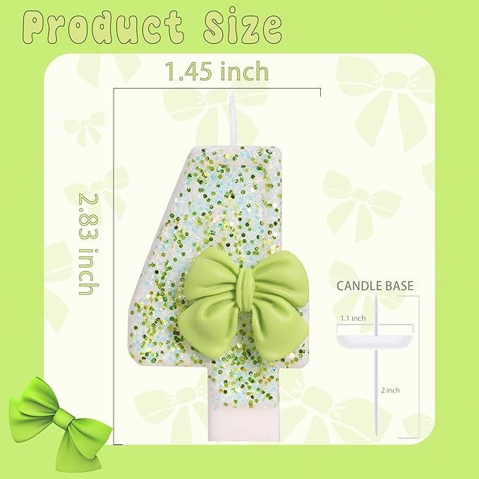 Birthday Candle for Cake, Green Bow Number Cake Candles, 2.76 inch Cake Topper Decoration for Birthday Party (Number 4)
