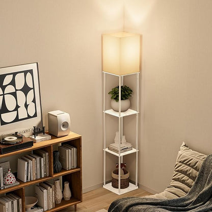 Floor Lamp with Shelves, Modern Square Standing Lamp with 3 Color Temperature Bulb, Corner Display Bookshelf Lamp for Living Room, Bedroom and Office（White）