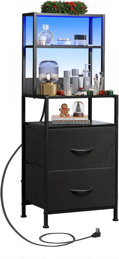 WLIVE Nightstand with Charging Station, LED Night Stand with 2 Drawers and 4 Storage Open Shelves, Fabric Dresser for Bedroom, Black