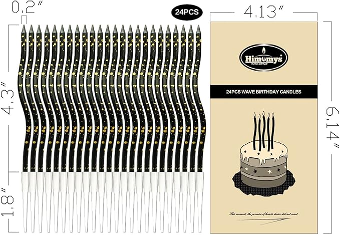 Spiral Long Thin Birthday Candles for Cake – Metallic Cake Decorations, Happy Birthday Candles with Holders, Long Lasting & Safe (24, Black+Gold Spots)