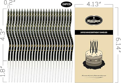 Spiral Long Thin Birthday Candles for Cake – Metallic Cake Decorations, Happy Birthday Candles with Holders, Long Lasting & Safe (24, Black+Gold Spots)