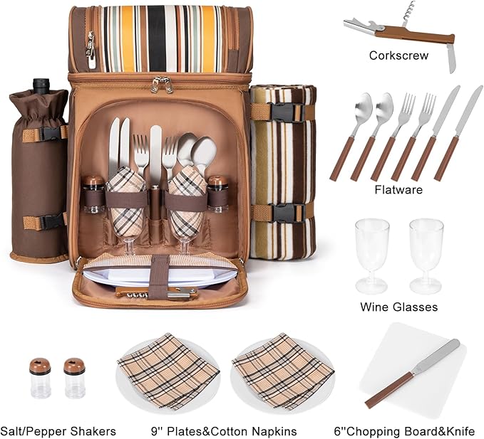 ALLCAMP Picnic Backpack - Insulated Cooler Bag with Compartment, Detachable Wine Glass Holder, Throw Blanket & Cutlery Set,2 Person Picnic Set for Family Outings, Couple Gifts (Brown)