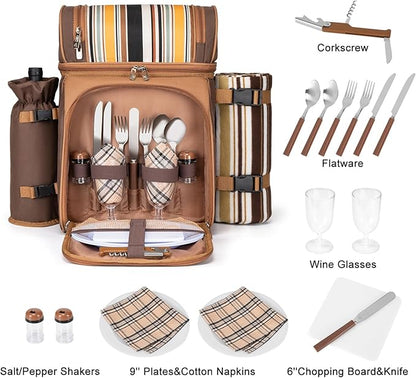 ALLCAMP Picnic Backpack - Insulated Cooler Bag with Compartment, Detachable Wine Glass Holder, Throw Blanket & Cutlery Set,2 Person Picnic Set for Family Outings, Couple Gifts (Brown)