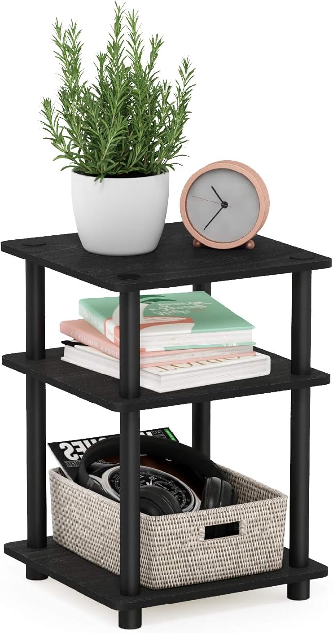 Furinno TURN-N-TUBE Side Table, 3-Tier End Table, Open Shelves Nightstand, Night Stand, Bedside Table, Easy Assembly, for Living Room, Bedroom, Blackwood | Easy Assembly, Multipurpose