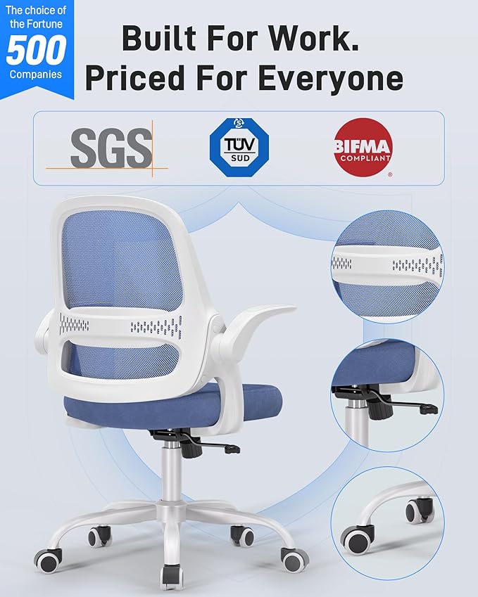 Ergonomic Mesh Office Chair for Home Office, Flip-Up Arms, Breathable Mesh Back & Thick Seat Cushion, Swivel Rolling Computer Desk Chair – BIFMA Certified, Supports 300 lbs (White Frame/Blue Seat)