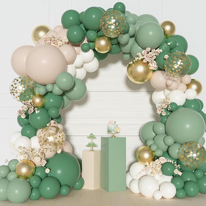 Ouddy Party Sage Green Balloons Arch Garland Kit, Different Sizes 18 12 10 5 inch Sage Green Gold Sand White Olive Latex Metallic Confetti Balloon for Baby Shower Safari Birthday Party Decorations