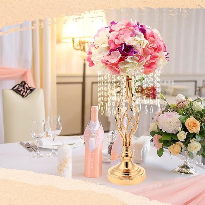 Wesiti 20 Pcs Crystal Gold Flower Stand Elegant Metal Flower Arrangement Stand with Chandelier Crystals 17.7" Tall Gold Vase for Centerpieces Wedding Reception Hotel Favor