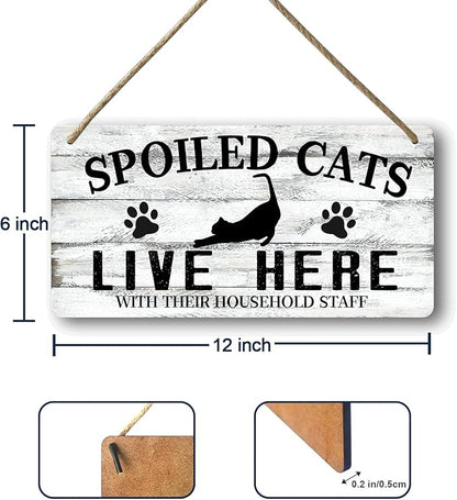 Cat Wall Decor For Pet Lovers Hanging Wooden Home Decor Fall Welcome Sign Christmas Decor Spoiled Cats And Their Staff Live Here - People Tolerated 12x6 In