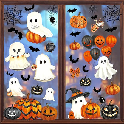 Halloween Window Clings Decorations, Ghost Pumpkin Bat Stickers Decor for Glass Windows, Large Double Sided Reusable Decals, 8 Sheets
