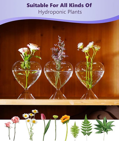 Nacome Small Glass Bud Vases for Flowers: Birthday Gifts for Wife Women Mom Garden Lovers- Set of 3 Heart Plant Terrarium for Wedding Centerpiece Table Office Indoor Home Decor