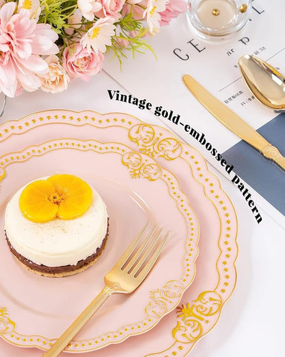 Ciaell 350 PCS Pink Plastic Plates - Pink and Gold Disposable Plates Include 50 Disposable Plate, 150 Heavy Duty Silverware, 50 Cups, 50 Napkins for Wedding & Party & Anniversary