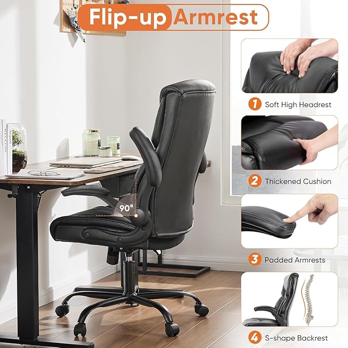 Sweetcrispy Computer Gaming Chair, Ergonomic High Back Heavy Duty Task Desk Office Chairs with Wheels, Flip-up Arms, Adjustable Height, PU Leather,Inky