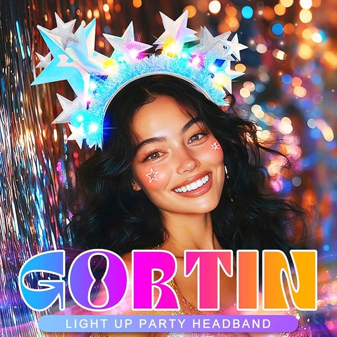 GORTIN Light up Star Headband Silver LED Headpiece Glowing Star Rave Hair Accessories for Women