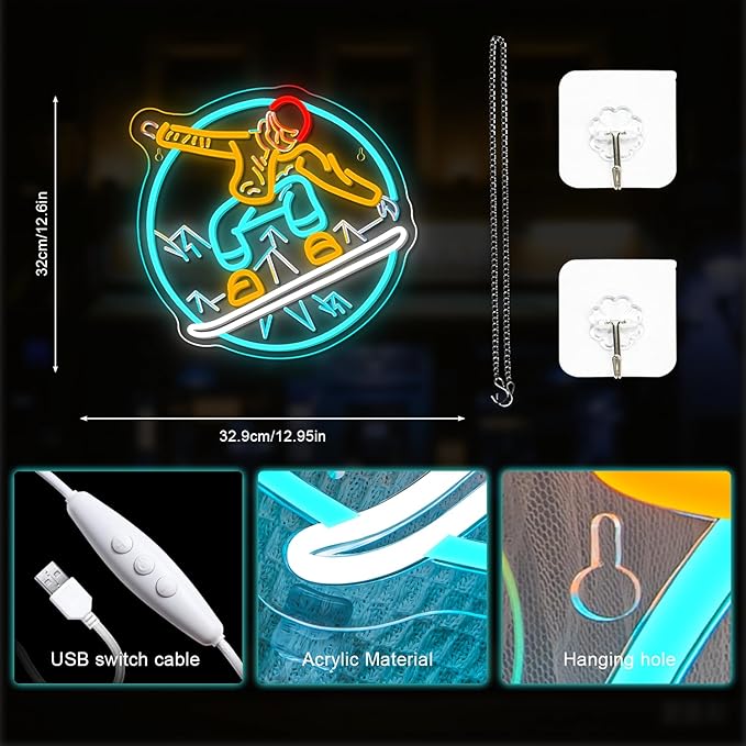 Lucunstar Snowboard Neon Sign LED Light Ski Decor Skiing Neon Light Up College Room Party Apres Ski Decor for Lodge LED Outdoor Sport Gifts for Teens Snowboard Lover