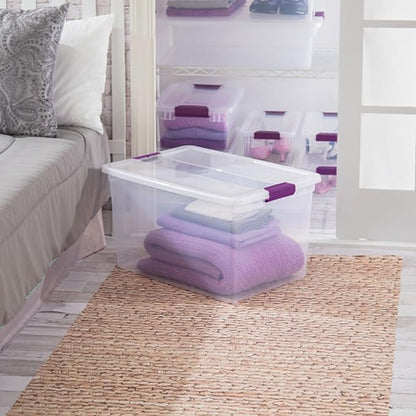 Sterilite 66 Qt ClearView Latch Storage Box, Stackable Bin with Latching Lid, Plastic Container to Organize Clothes in Closet, Clear Base, Lid, (Pack of 6)