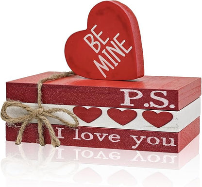 Smile Valentine's Day Wooden Book Decor, Be Mine, I Love You, Heart - Themed Shelf Signs, Valentine Indoor Decoration