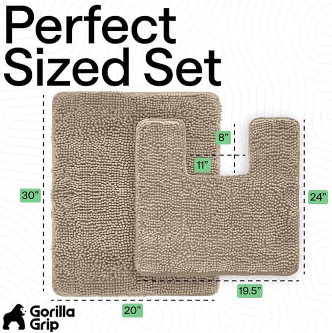 GORILLA GRIP Bathroom Rug Sets, Soft Chenille 2 Piece Area Rugs Set, Toilet Base Mat and 30x20 Carpet, Absorbent Microfiber Washable Mats Dry Quickly, Home Décor and Bath Room Accessories, Gray Beige
