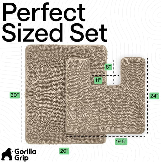 GORILLA GRIP Bathroom Rug Sets, Soft Chenille 2 Piece Area Rugs Set, Toilet Base Mat and 30x20 Carpet, Absorbent Microfiber Washable Mats Dry Quickly, Home Décor and Bath Room Accessories, Gray Beige
